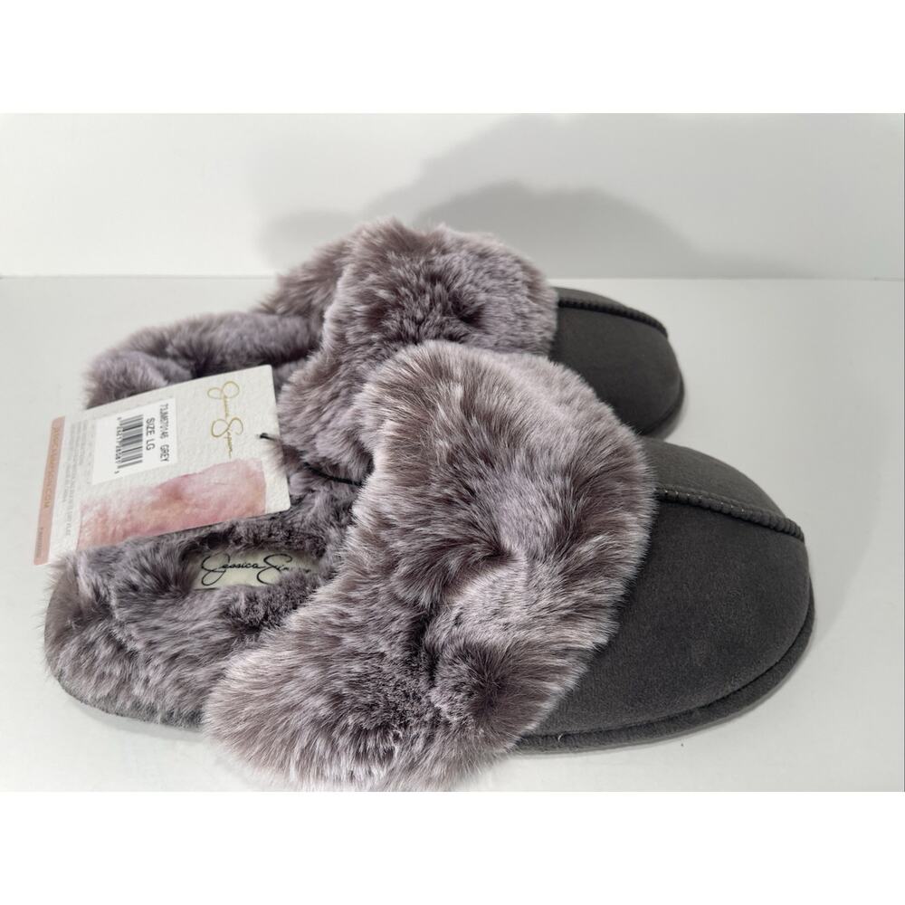Jessica Simpson Faux Fur House Slippers Large Grey Indoor Outdoor 8-9